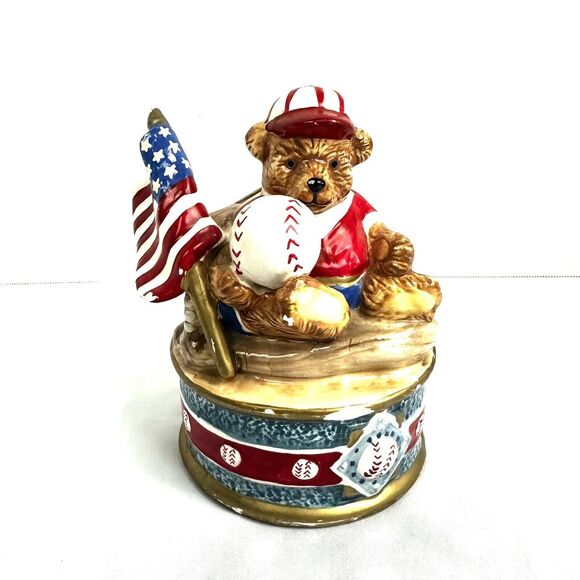 Baseball Bear Coin Bank Red, White, & Blue by Giftco Inc American Flag Ceramic - Picture 1 of 8